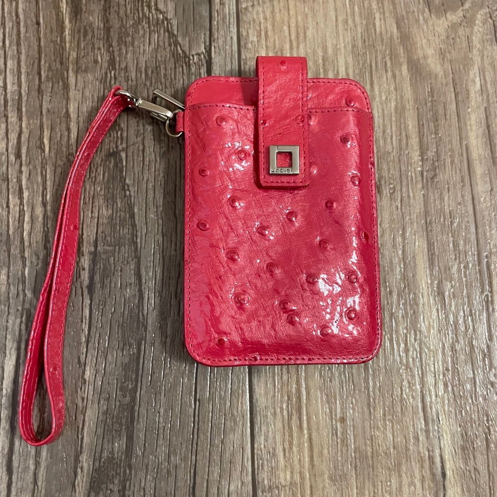 Lodis Pink Ostrich Embossed Leather Card Case Wristlet ID Wallet Zipper Pocket
